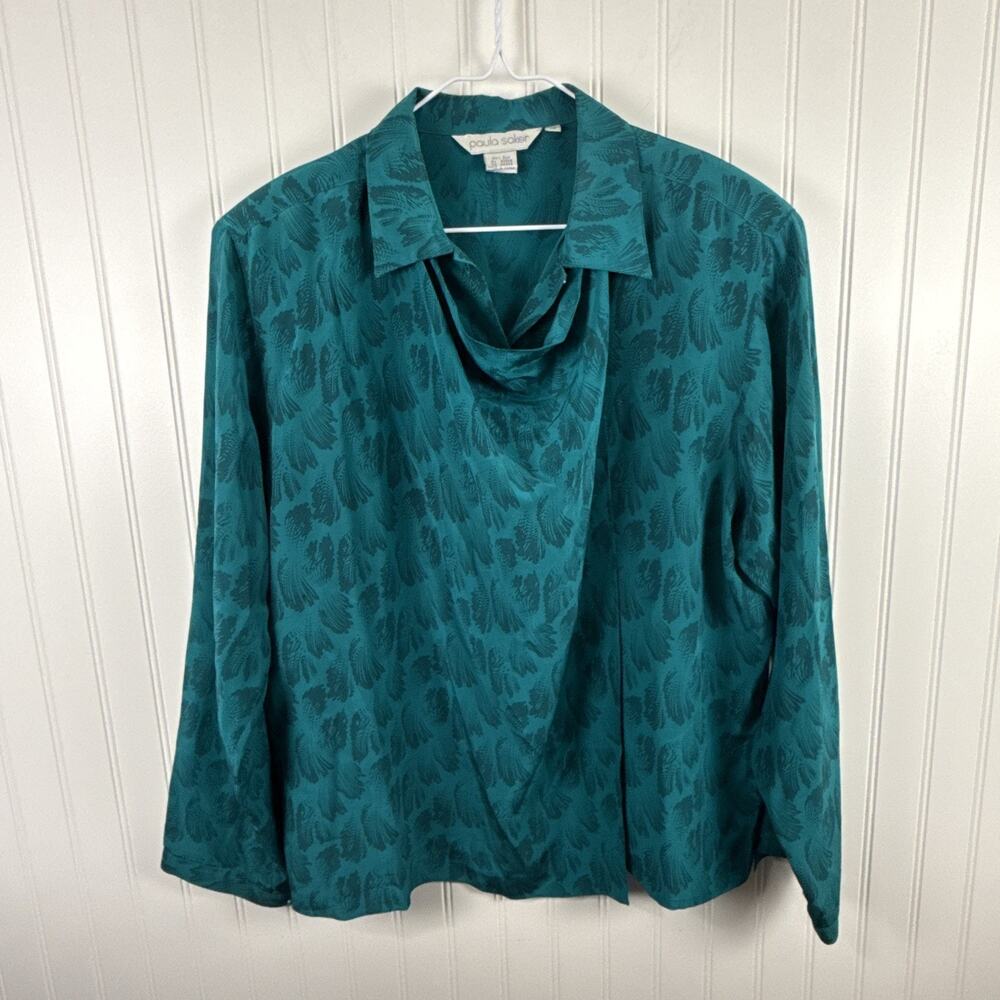Vintage Blouse Paula Saker Women's 12 Peacock Green (?) Button Front 100% SILK